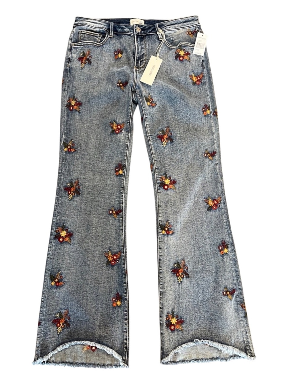 DRIFTWOOD EVA  sz 32 Blue Embroidered Floral Flare Jeans light wash